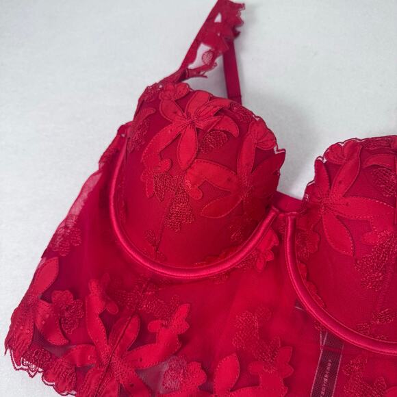 Victoria’s Secret Lace Longline Bustier Bra 36C Red Floral Embroidered Lingerie - Picture 6 of 7